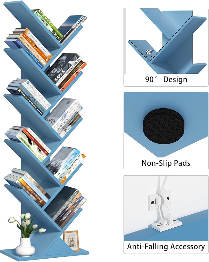 SHEEPAM 10 Tier Tree Book Shelf, Floor Standing Wood Bookshelf for Narrow Space, Storage Organizer Bookshelves for Books/CDs/Magazine, Bookcase with Shelves for Home Office, Living Room - Pure Blue