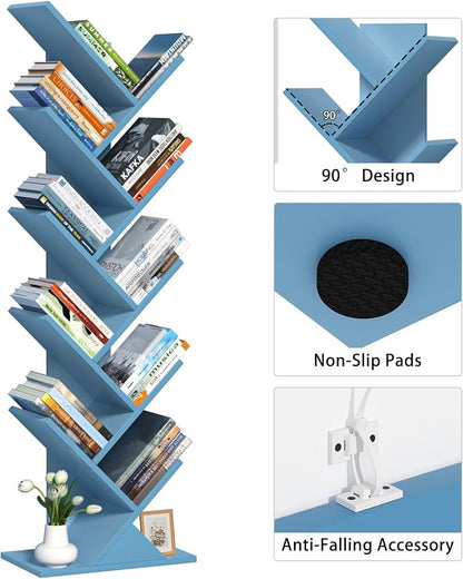 SHEEPAM 10 Tier Tree Book Shelf, Floor Standing Wood Bookshelf for Narrow Space, Storage Organizer Bookshelves for Books/CDs/Magazine, Bookcase with Shelves for Home Office, Living Room - Pure Blue