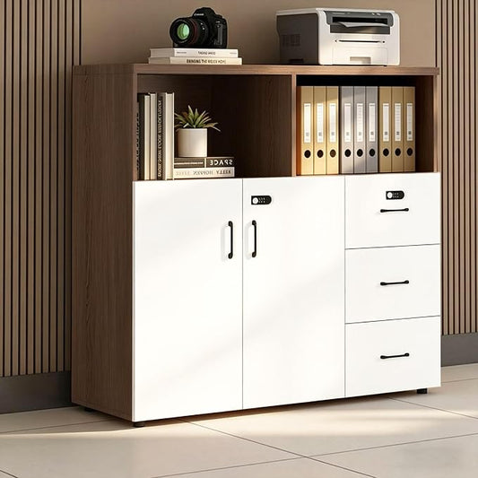 File Cabinet with Password Lock, Wood Lateral Filing Cabinet for Letter/A4 Files, 3 Drawer with Door, Printer Stand with Open Shelves for Home Office