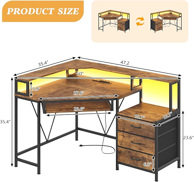 YOMILUVE Corner Desk with Power Outlets, Small Computer Desk with Drawers & Printer Shelf, Triangle Gaming Desk with LED Lights, Keyboard Tray and Monitor Stand for Small Space, Rustic Brown