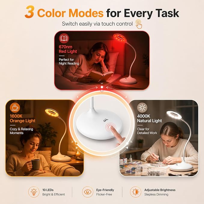 Rechargeable Desk Lamp, 670nm Red Light Therapy & Eye Protection Orange Light, 3 Color Modes, Stepless Dimming Touch Control, No Blue Light, Portable Cordless Reading Lamp for Bedroom Office Students