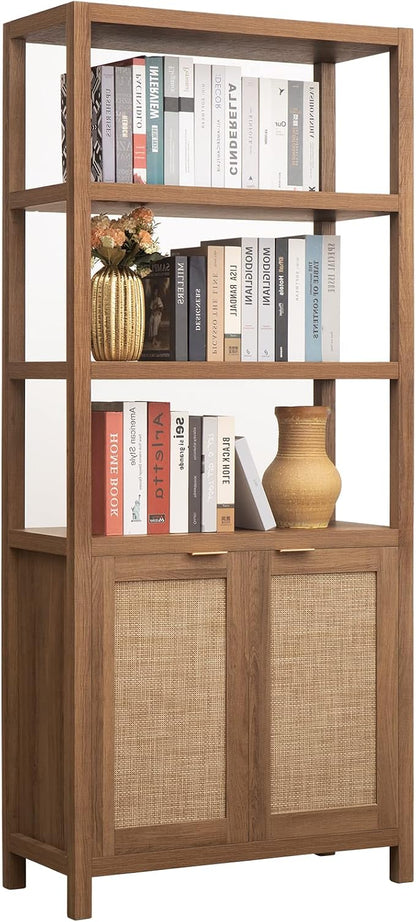 SICOTAS Bookshelf 5 Tier Book Shelf Rattan Boho 71" Tall Bookcase with Doors Storage Shelves Large Bookshelves Farmhouse Bookcases Library Book Case for Living Room Bedroom Home Office Kitchen | Book Shelf