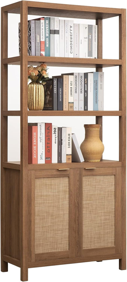 SICOTAS Bookshelf 5 Tier Book Shelf Rattan Boho 71" Tall Bookcase with Doors Storage Shelves Large Bookshelves Farmhouse Bookcases Library Book Case for Living Room Bedroom Home Office Kitchen | Book Shelf