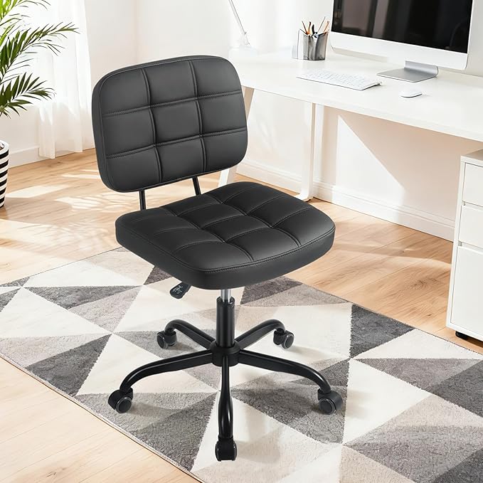 Armless Home Office Desk Chair - Small Swivel Office Desk Chairs with Rolling Wheels - Height Adjustable PU Leather Computer Chair with Comfy Low Back - For Small Space, Bedroom, Home, Vanity - Black