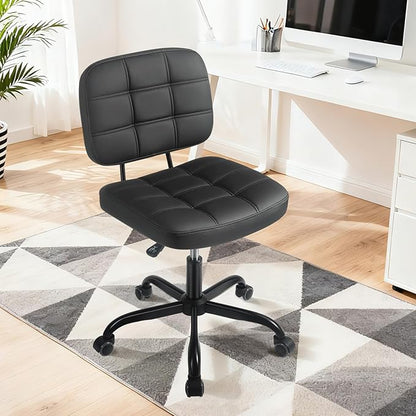 Armless Home Office Desk Chair - Small Swivel Office Desk Chairs with Rolling Wheels - Height Adjustable PU Leather Computer Chair with Comfy Low Back - For Small Space, Bedroom, Home, Vanity - Black