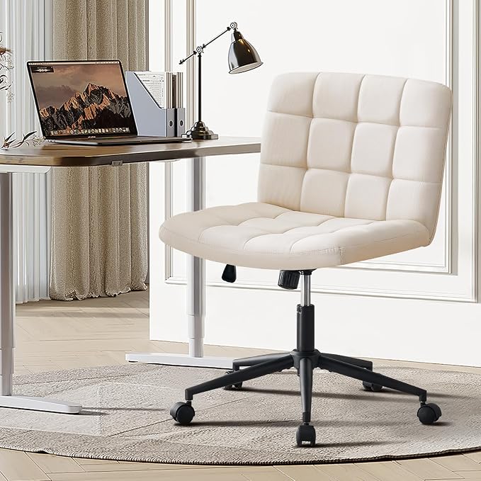 Furnimart Swivel Criss Cross Legged Chair with Wheels for Home Office, Wide Armless Desk Chair Height Adjustable Comfy Seat for Desk,Vanity, Bedroom, Beige