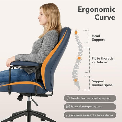 Blue Leather Office Chair, Mid Century Home Office Desk Chair | Ergonomic Curve Design, Removable Padded Arms, Height Adjustable Swivel Seat & Smooth Wheels, Vintage Mid-Back Computer Chair