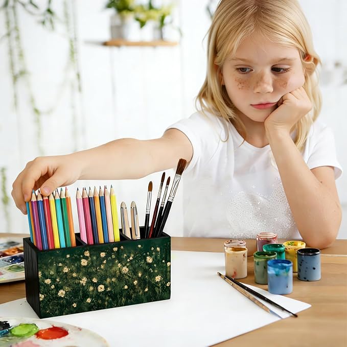 Moody Floral Pen Pencil Holder for Office Desk Accessories Decor | Cottagecore Office Accessories for Women, Moody Floral Pen Pencil Wooden Organizer Decorations for Dorm Room Bedroom Tabletop