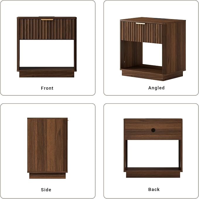 Fluted Nightstand, Night Stand Set 2, Large Walnut Nightstands Set of 2 with Charging Station, 23" Wide End Table with Drawer & Open Shelf, Modern Bedside Table for Bedroom, Curved Corners