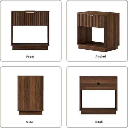 Fluted Nightstand, Night Stand Set 2, Large Walnut Nightstands Set of 2 with Charging Station, 23" Wide End Table with Drawer & Open Shelf, Modern Bedside Table for Bedroom, Curved Corners