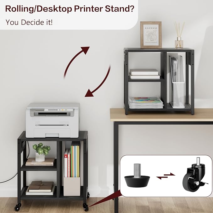 GAOMON Under Desk Printer Stand with Charging Station, Industrial Printer Table with 3 Storage Shelves, Mobile Heavy Duty Printer Cart with Lockable Wheels for Paper Storage, Home Office,Retro Black
