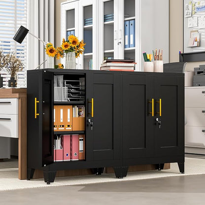 pozdeg 35.43" Metal Storage Cabinet with Lock, Metal File Cabinet with 2 Doors ＆ 2 Adjustable Shelves, Steel Locker Utility Tool Garage Cabinets for Home, Office, Warehouse (Black)