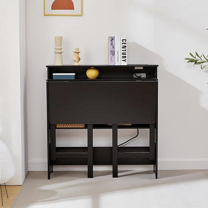 Folding Desk with Charging Station,Fold Out Desk with Monitor Stand,Storage Shelf,Small Foldable Computer Desk for Compact Home Office Spaces (Black)
