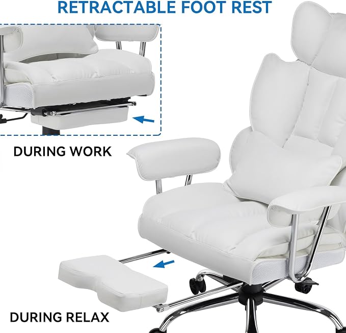 Efomao Big and Tall Office Chair 400lbs, Executive PU Leather Desk Chair with Footrest & Lumbar Support, Heavy Duty Computer Seating for Home, White | 400lbs support, 135° recline, dual-layer foam cushion, 23.5" seat & footrest. BIFMA