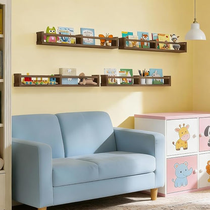 Fixwal Nursery Book Shelves, 32 Inch Floating Bookshelves for Wall Set of 4, Baby Nursery & Playroom Decor, Solid Wood Wall Mounted Shelves for Books and Toys Storage (Brown)