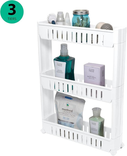 Simplify 3 Tier Slim Slide Out Storage Cart | Multi-Purpose Organization | Rolling | Wheels | Small Space | Laundry Room | Kitchen | Bathroom | Office | White