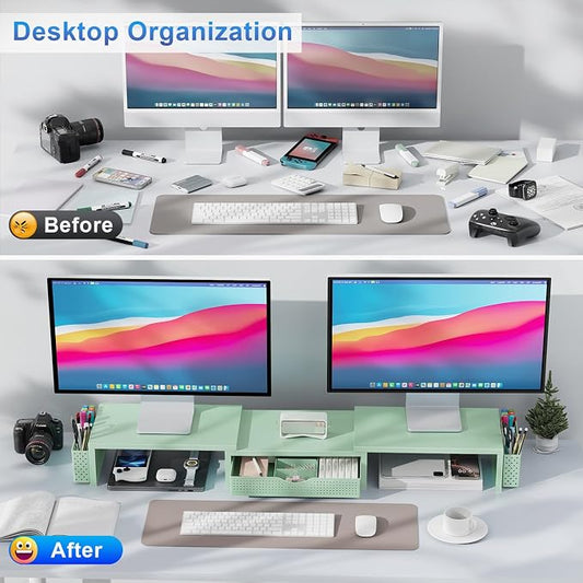 gianotter Dual Monitor Stand Riser, Desk Organizer With Drawer and 2 Pen Holders, Computer Monitor Stand, Desk Shelf for Top of Desk (Sage Green)