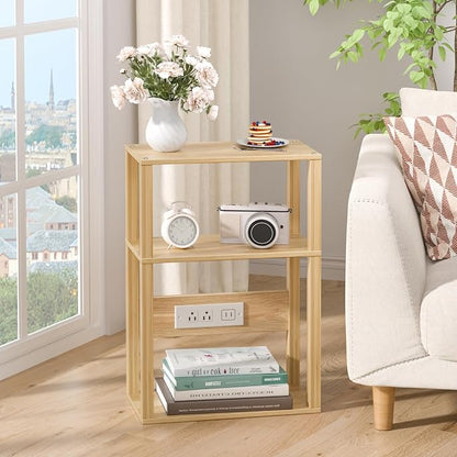 YUFAM Small Narrow Wood Side Table with Charging Station, 3-Tier Slim End Table for Small Space, Skinny Nightstand with Storage for Couch, Thin Bedside Table with USB Ports and Outlets, Natural