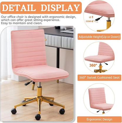 Furniliving Armless Vanity Chair with Wheels, Computer Rolling Desk Chair with Back, Pink Office Chair with Height Adjustable Soft Velvet Fabic Gold Metal Base Stool,Pink
