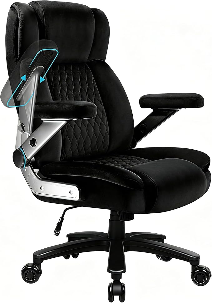 Big and Tall Office Chair 600lbs with 5D Flip Arms, Heavy Duty Executive Office Chairs, Ergonomic Desk Chair with Adjustable Lumbar Support & Rubber Wheels, Velvet Fabric, Black