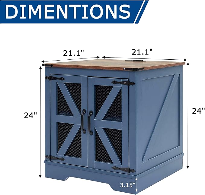 Farmhouse End Table Set with Charging Station Set of 2, Living Room Tables with Hidden Storage, Wood Square Sofa Bedside Tables, Night Stand with Power Outlet and Door, Blue