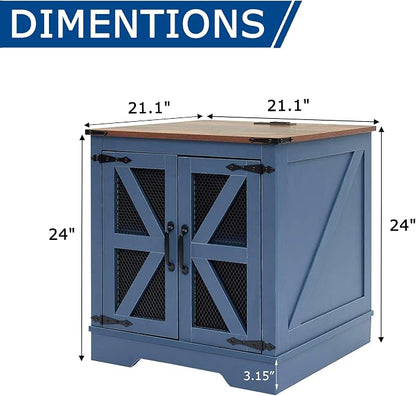 Farmhouse End Table Set with Charging Station Set of 2, Living Room Tables with Hidden Storage, Wood Square Sofa Bedside Tables, Night Stand with Power Outlet and Door, Blue