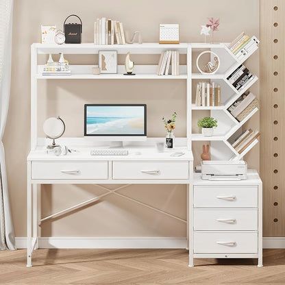 YOMILUVE Reversible Computer Desk with Hutch, Home Office Desk with 5 Drawers and Bookshelf, 52'' Study Writing Desk with Storage Shelves for Bedroom Home Office, White
