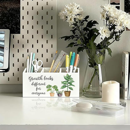 Mental Health Inspirational Pen Holder, Motivational Pencil Holder, Growth Looks Different for Everyone Wooden Box Sign Decorations for Therapy Counselor Office Classroom Desk Tabletop