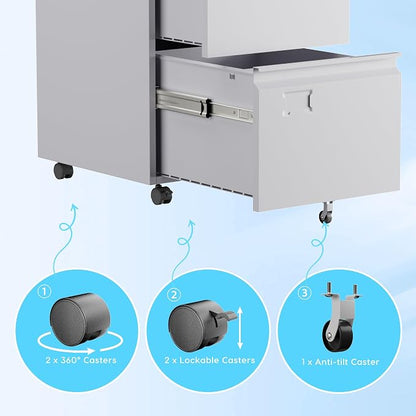2 Drawer File Cabinet with Lock, Under Desk Metal Rolling Filing Cabinet for Letter/Legal Size Folder, Mobile File Cabinet with 5 Wheels (Anti-Tilt) for Home Office, Assembly Required, White