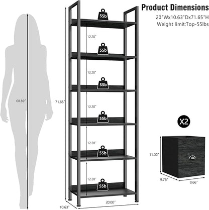 Furologee 6-Tier Bookshelf, Tall Bookcase with 2 Drawers Storage Organizer, Industrial Display Free Standing Shelf Units, Wood and Metal Storage Rack for Home Office, Bedroom, Black Oak