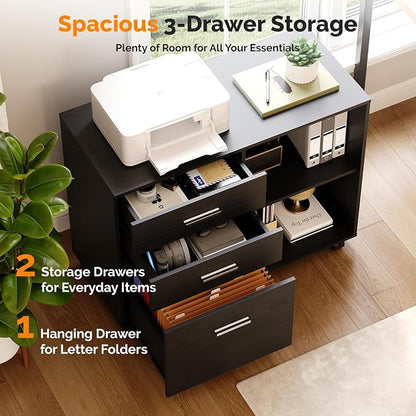 VINGLI 3 Drawer Wood Lateral File Cabinet with Adjustable Shelves & Locking Wheels, Printer Stand with Drawers for Letter Size Files, Sturdy Black File Cabinets for Home Office, Study & Business