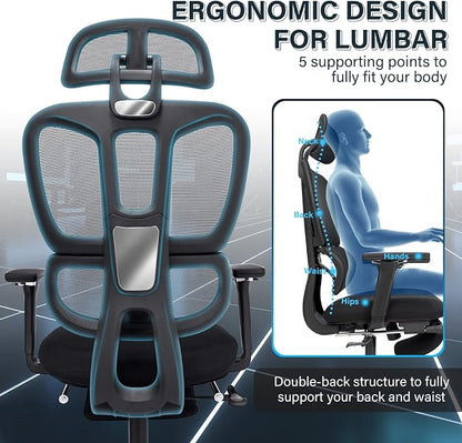 Ergonomic Mesh Office Chair with Retractable Footrest - High Back Computer Chair with Lumbar Support, Adjustable Armrests and Headrest - Adult Multifunctional Home Office Chair, Black
