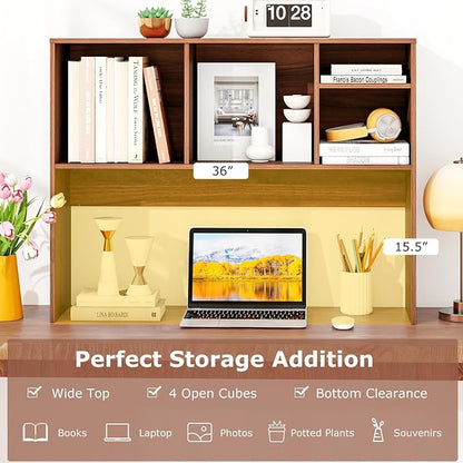 GOFLAME 4 Cubes Desktop Bookshelf, 37” Tabletop Wood Desk Shelf for Computer Monitor, Modern Countertop Desk Display Hutch Storage Organizer Shelf for Home Office, Dorm, Study, Walnut