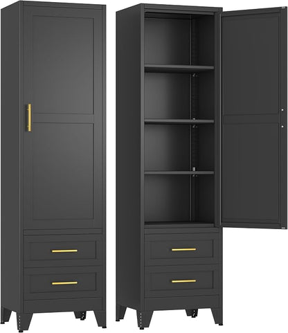 Ckzbx Tall Narrow Storage Cabinet, 66.93" H Tall Bathroom Cabinet Metal Pantry Cabinets with Drawers, 3 Adjustable Shelves, for Kitchen, Bathroom, Home Office, Living Room