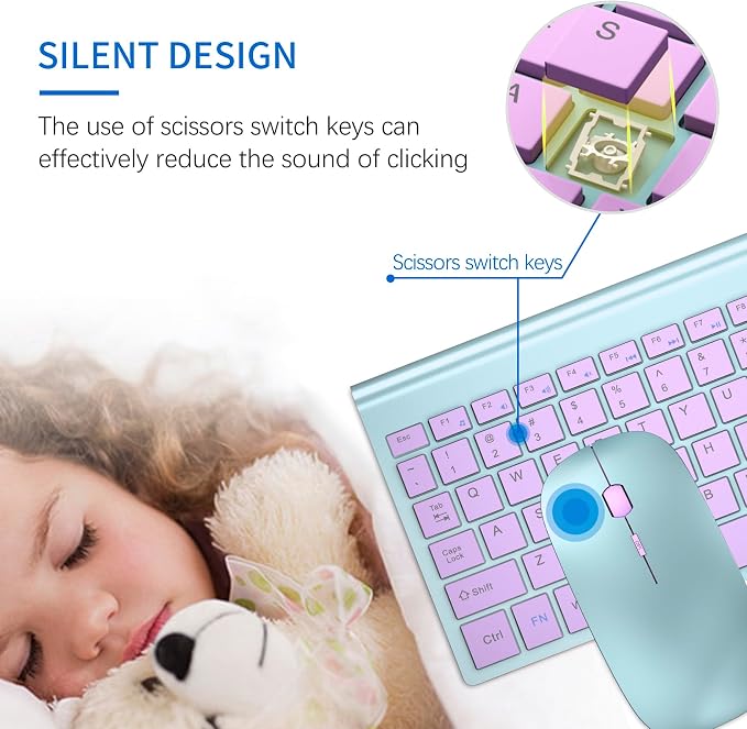 Wireless Keyboard and Mouse Ultra Slim Combo, TopMate 2.4G Silent Compact USB 2400DPI Mouse and Scissor Switch Keyboard Set with Cover, Batteries Included, for PC/Laptop/Windows/Mac - Blue Purple