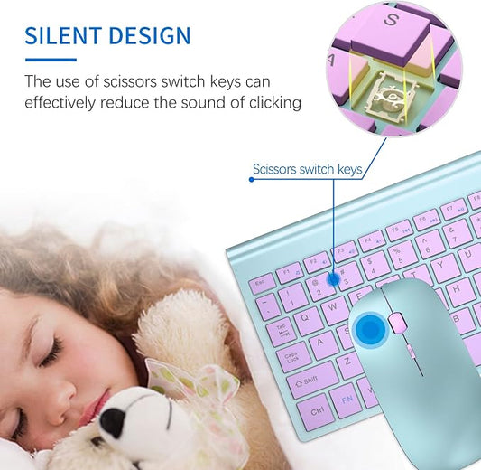 Wireless Keyboard and Mouse Ultra Slim Combo, TopMate 2.4G Silent Compact USB 2400DPI Mouse and Scissor Switch Keyboard Set with Cover, Batteries Included, for PC/Laptop/Windows/Mac - Blue Purple