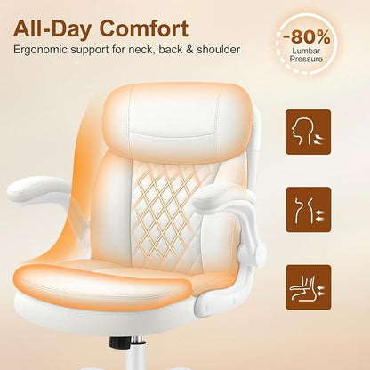 Leather Office Chair, PU Computer Desk Chairs with Upgraded Double-Layer Seat Cushion and Neckrest, 360°Swivel, Ergonomic Small Gaming Chair with Wheels and Adjustable Armrests for Short People, White