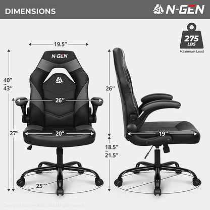 N-GEN Video Gaming Chair Ergonomic Computer Desk Office Chair with Lumbar Support Adjustable Height Swivel Wheels Flip-Up Arms PU Leather Home and Office (Grey)