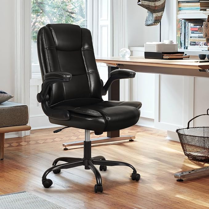 VITESSE Ergonomic Office Chair with Flip-up Armrests, Big and Tall Leather Executive Office Chair, High Back Lumbar Support Home Computer Desk Chair, Heavy and Duty Computer Chair (Black)