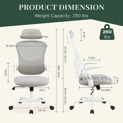 Ergonomic Office Chair, Comfy Desk Chair with Wheels, Adjustable Headrests, Flip-Up Armrests, Breathable Mesh High-Back, Comfortable Swivel Seating for Home Computer, Grey