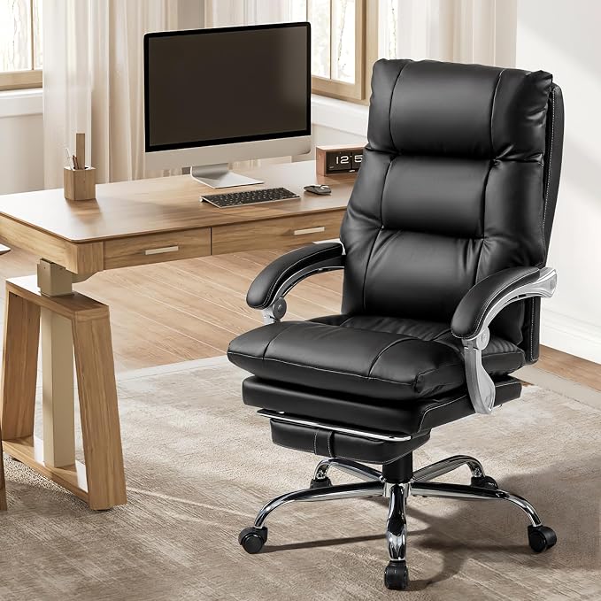 Massage Office Chair with Foot Rest, 400 LBS Ergonomic Executive Chair, High Back Reclining Leather Desk Chair with 135° Recline, 6-Point Vibration and Heat, Modern