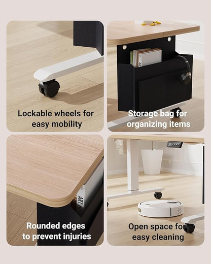 Coffee Table, Height Adjustable Electric Coffee Table with Storage Bag Lift Tabletop Dining Table Office Table with Lockable Wheels for Living Room (Natural Maple Look, 48 x 24 Inches)