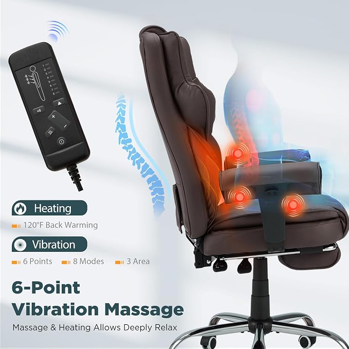 HOMREST Brown Ergonomic Office Chair | 6-Point Vibration Massage & Heat, Reclining Executive Chair, Adjustable Footrest and Armrests, PU Leather Big and Tall