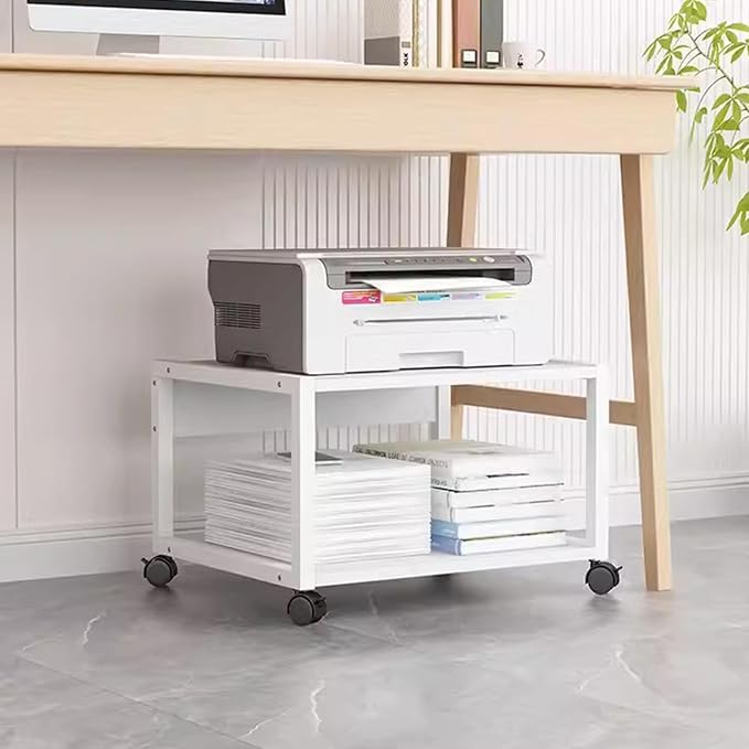 2 Tiers Rolling Under Desk Printer Stand,Office Movable Printer Desk with 4 Wheels & Lock Mechanism,Heavy Duty Storage Rack for Office and Home(Internal Height 20cm(7.8in), White)