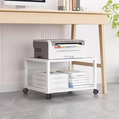 2 Tiers Rolling Under Desk Printer Stand,Office Movable Printer Desk with 4 Wheels & Lock Mechanism,Heavy Duty Storage Rack for Office and Home(Internal Height 20cm(7.8in), White)