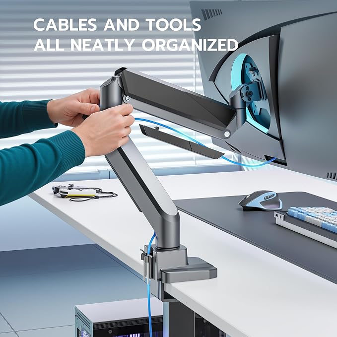 ARES WING Single Monitor Arm, Heavy Duty Adjustable Monitor Arm for 13"-49" Screens with USB, Gas Spring Desk Mount Stand with C Clamp/Grommet Mounting Base up to 40lbs Computer, Gray