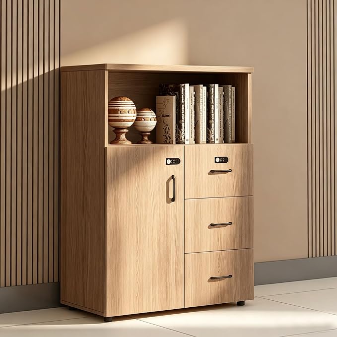 File Cabinet with Password Lock, Wood Lateral Filing Cabinet for Letter/A4 Files, 3 Drawer with Door, Printer Stand with Open Shelves for Home Office