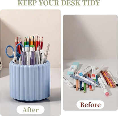 Anyoifax 360° Rotating Pen Holder 7 Slots Desk Organizer Removable Pencil Cup Plastic Art Supplies and Accessories Desktop Storage Box Caddy for Office, School, Home (Blue)