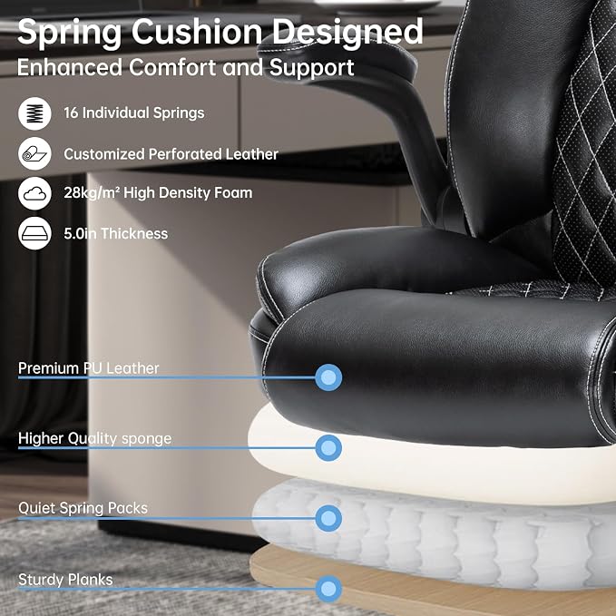 Heavy-Duty Executive Office Chair with Ergonomic Design, 300LBS PU Leather Chair with Adjustable Lumbar Support, 360° Swivel, Reclining Backrest, and Flip-Up Armrests for Big and Tall People(Black)