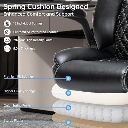 Heavy-Duty Executive Office Chair with Ergonomic Design, 300LBS PU Leather Chair with Adjustable Lumbar Support, 360° Swivel, Reclining Backrest, and Flip-Up Armrests for Big and Tall People(Black)